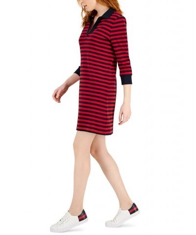 Women's Striped 3/4-Sleeve Johnny Collar Dress Red $25.06 Dresses