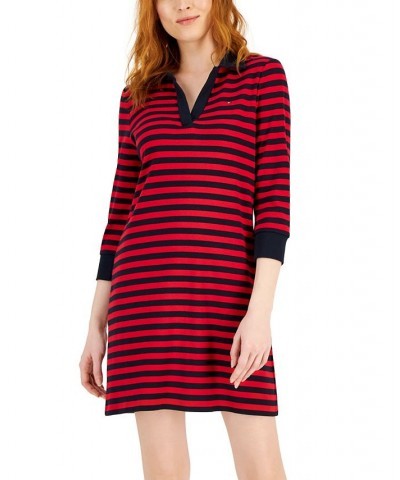 Women's Striped 3/4-Sleeve Johnny Collar Dress Red $25.06 Dresses
