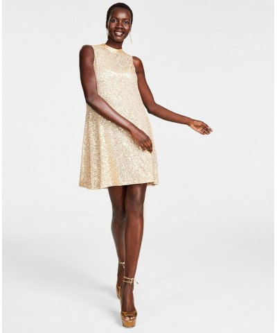 Women's Sequined-Mesh Sleeveless Shift Dress Gold $44.80 Dresses