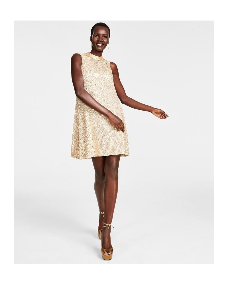 Women's Sequined-Mesh Sleeveless Shift Dress Gold $44.80 Dresses