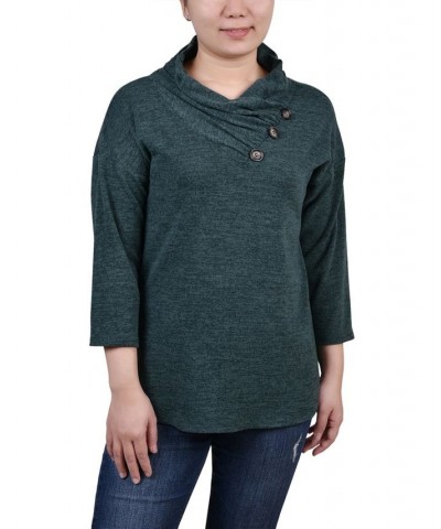 Petite 3/4 Sleeve Crossover Cowl Neck Top Green $15.04 Tops