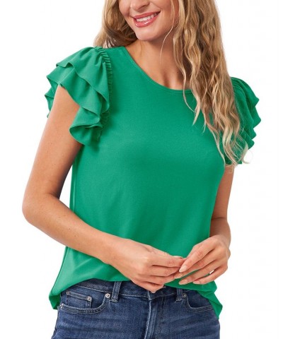 Women's Ruffled Flutter-Sleeve Short Sleeve Knit Top Green $25.47 Tops