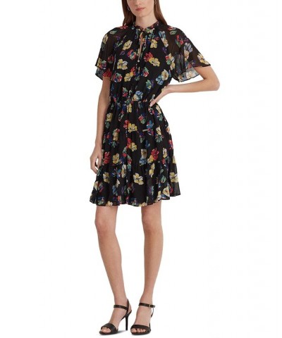 Women's Floral Crinkle Georgette Dress Black Multi $82.25 Dresses