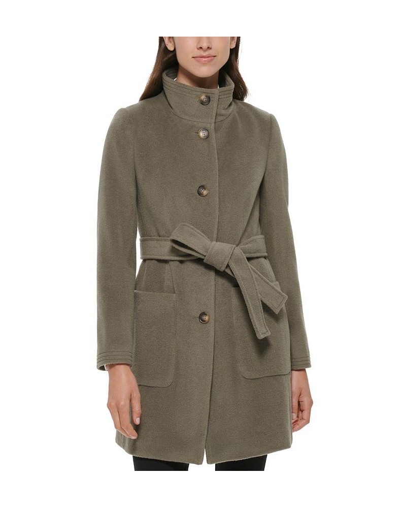 Women's Stand-Collar Button-Front Belted Coat Sage $86.00 Coats