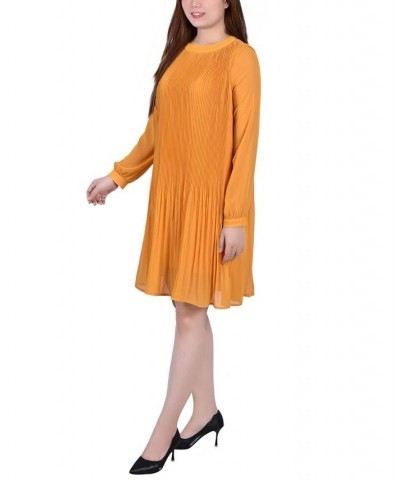 Petite Long Sleeve Pleated Dress Mustard $18.72 Dresses