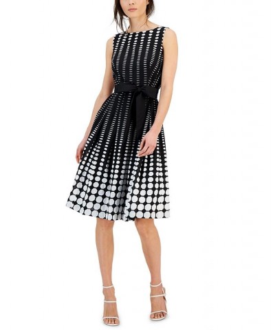Women's Cotton Dot-Print Fit & Flare Belted Dress Black $67.05 Dresses