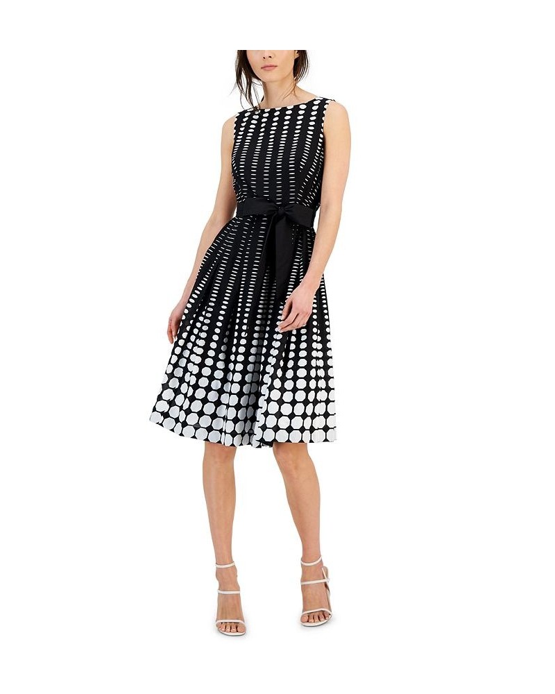Women's Cotton Dot-Print Fit & Flare Belted Dress Black $67.05 Dresses