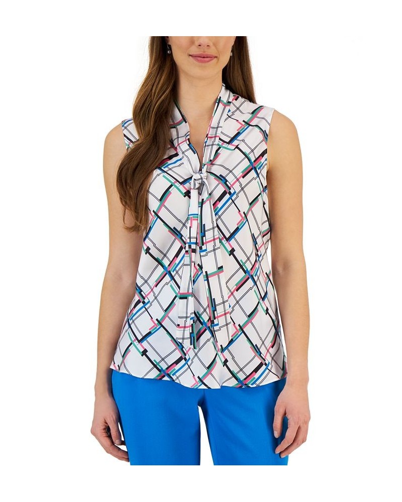 Women's Printed Tie-Neck Sleeveless Blouse Lily White Multi $28.29 Tops