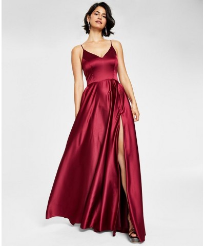 Juniors' V-Neck Satin Gown Red $46.44 Dresses