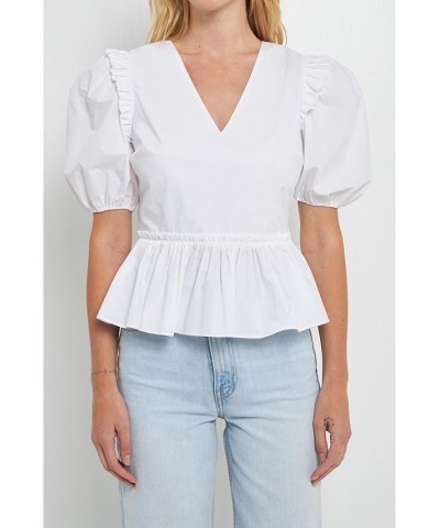 Women's V-neckline Puff Sleeve Top White $46.80 Tops