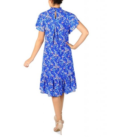 Women's Floral-Print Mock-Neck Ruffle Dress Cobalt Multi $45.15 Dresses