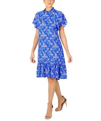 Women's Floral-Print Mock-Neck Ruffle Dress Cobalt Multi $45.15 Dresses