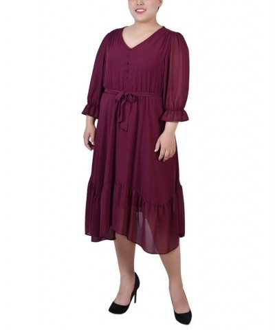 Plus Size 3/4 Sleeve V-Neck Flounced Dress Purple $16.32 Dresses
