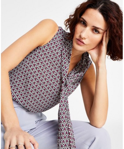 Women's Geo Print Sleeveless Bow-Tie Blouse Moonstone Multi $20.43 Tops