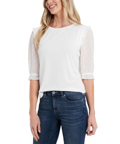 Women's Ruffle Mixed-Media Elbow Sleeve Blouse White $19.18 Tops