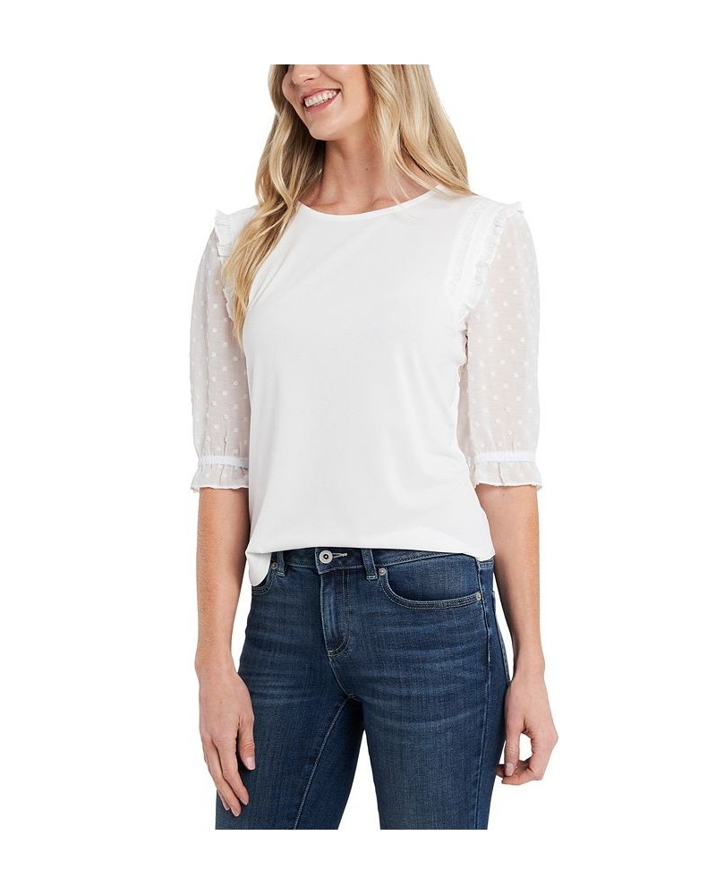 Women's Ruffle Mixed-Media Elbow Sleeve Blouse White $19.18 Tops