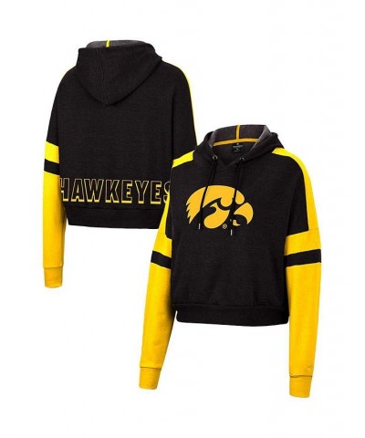 Women's Black Iowa Hawkeyes Throwback Stripe Arch Logo Cropped Pullover Hoodie Black $25.20 Sweatshirts