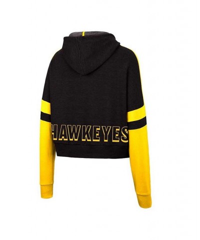 Women's Black Iowa Hawkeyes Throwback Stripe Arch Logo Cropped Pullover Hoodie Black $25.20 Sweatshirts
