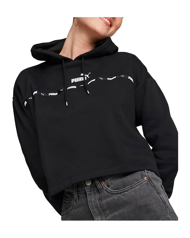 Women's Power Tape Boxy Drawstring Hoodie Black $16.17 Sweatshirts