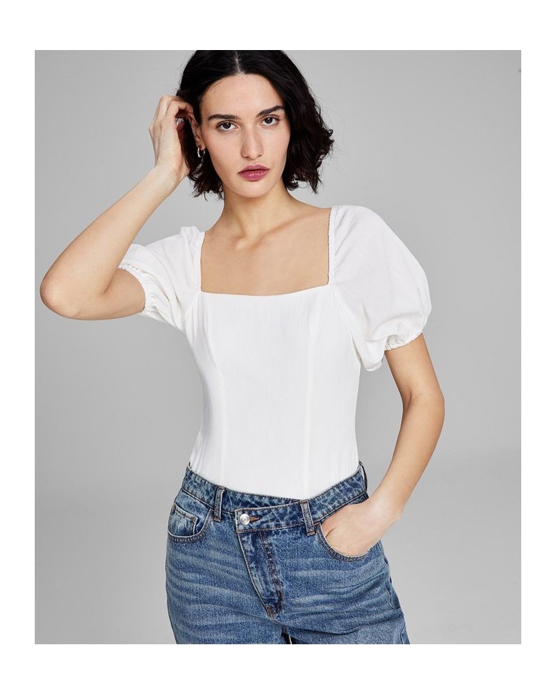 Women's Square-Neck Puff-Sleeve Bodysuit Cream $26.95 Tops