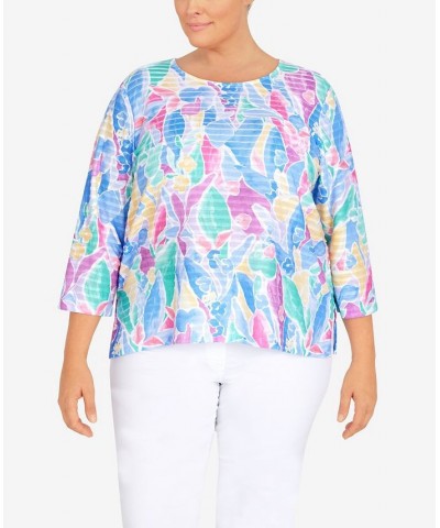 Plus Size Classic Stained Glass Floral 3/4 Sleeve Top Bright $34.25 Tops