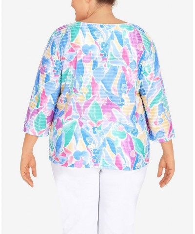 Plus Size Classic Stained Glass Floral 3/4 Sleeve Top Bright $34.25 Tops