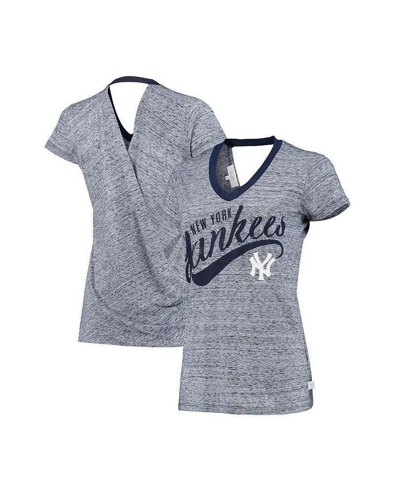 Women's Navy New York Yankees Hail Mary V-Neck Back Wrap T-Shirt Navy $27.99 Tops
