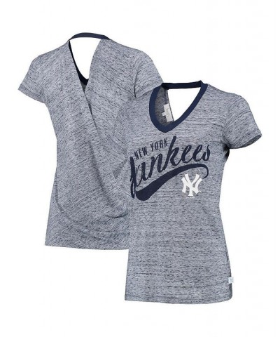 Women's Navy New York Yankees Hail Mary V-Neck Back Wrap T-Shirt Navy $27.99 Tops