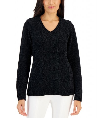 Women's Chenille Cable V-Neck Sweater Aqua Lake $16.30 Sweaters