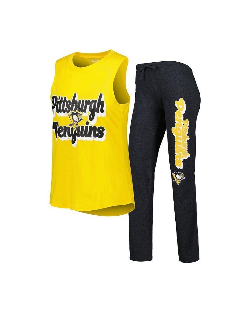 Women's Gold Heather Black Pittsburgh Penguins Meter Muscle Tank Top and Pants Sleep Set Gold, Heather Black $27.88 Pajama