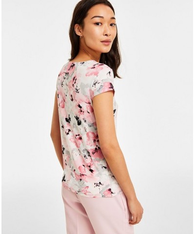 Women's Floral-Print Cap-Sleeve Cowlneck Top Pink $19.03 Tops