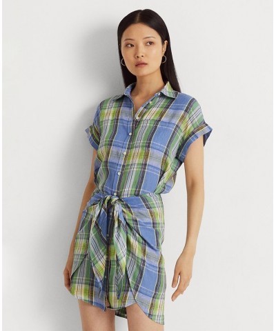 Women's Plaid Tie-Front Linen Shirtdress Blue Multi $87.50 Dresses