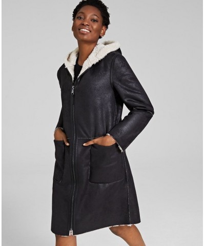 Women's Hooded Faux-Shearling Coat Black $111.80 Coats