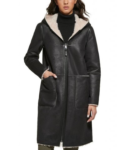 Women's Hooded Faux-Shearling Coat Black $111.80 Coats