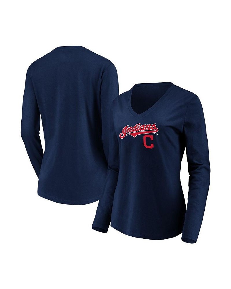 Women's Navy Cleveland Indians Core Team Lockup Long Sleeve V-Neck T-shirt Navy $24.77 Tops
