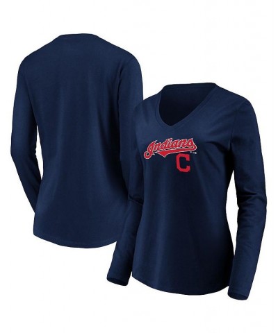 Women's Navy Cleveland Indians Core Team Lockup Long Sleeve V-Neck T-shirt Navy $24.77 Tops