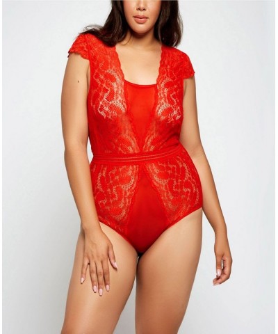 Women's Plus Size Stretch Lace and Mesh Bodysuit Lingerie Red $34.43 Lingerie