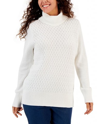 Women's Cable-Knit Turtleneck Cotton Sweater White $9.63 Sweaters
