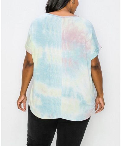 Plus Size Hand Tie Dye V-Neck Rolled Sleeve Top Blue/Plum $21.45 Tops