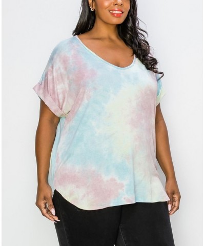 Plus Size Hand Tie Dye V-Neck Rolled Sleeve Top Blue/Plum $21.45 Tops