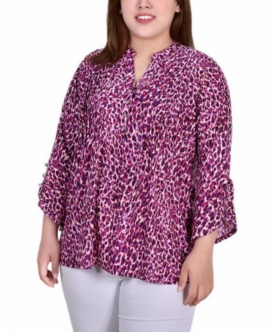 Plus Size 3/4 Sleeve Overlapped Bell Sleeve Y-Neck Top Plum Leopard $12.26 Tops