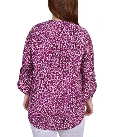 Plus Size 3/4 Sleeve Overlapped Bell Sleeve Y-Neck Top Plum Leopard $12.26 Tops