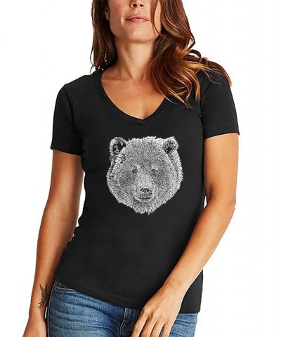 Women's V-neck Word Art Bear Face T-shirt Black $14.35 Tops