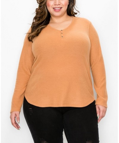 Plus Size Cozy Rib Long Sleeve Henley Brown $25.97 Tops