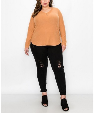 Plus Size Cozy Rib Long Sleeve Henley Brown $25.97 Tops