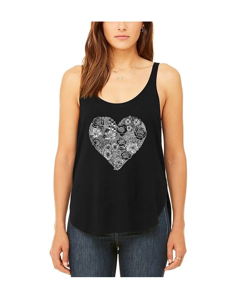 Women's Premium Heart Flowers Word Art Flowy Tank Top Black $19.80 Tops