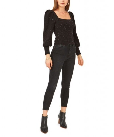 Long Sleeve Square Neck Sparkle Sweater Black $36.09 Sweaters