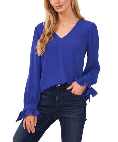 Women's Solid Long Sleeve V-Neck Tie-Cuff Blouse Deep Royal Blue $43.45 Tops
