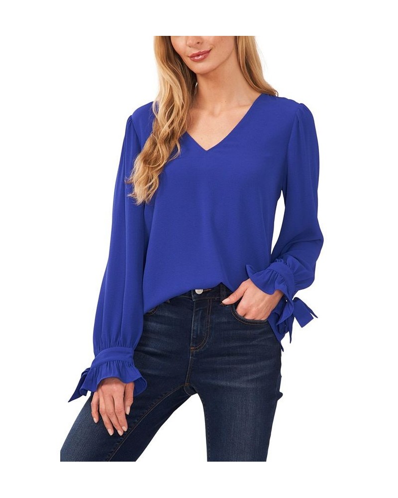 Women's Solid Long Sleeve V-Neck Tie-Cuff Blouse Deep Royal Blue $43.45 Tops