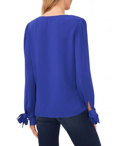 Women's Solid Long Sleeve V-Neck Tie-Cuff Blouse Deep Royal Blue $43.45 Tops